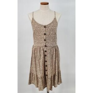 Japna Large Button Down Leopard Cheetah Smocked Spaghetti Straps Dress Pockets